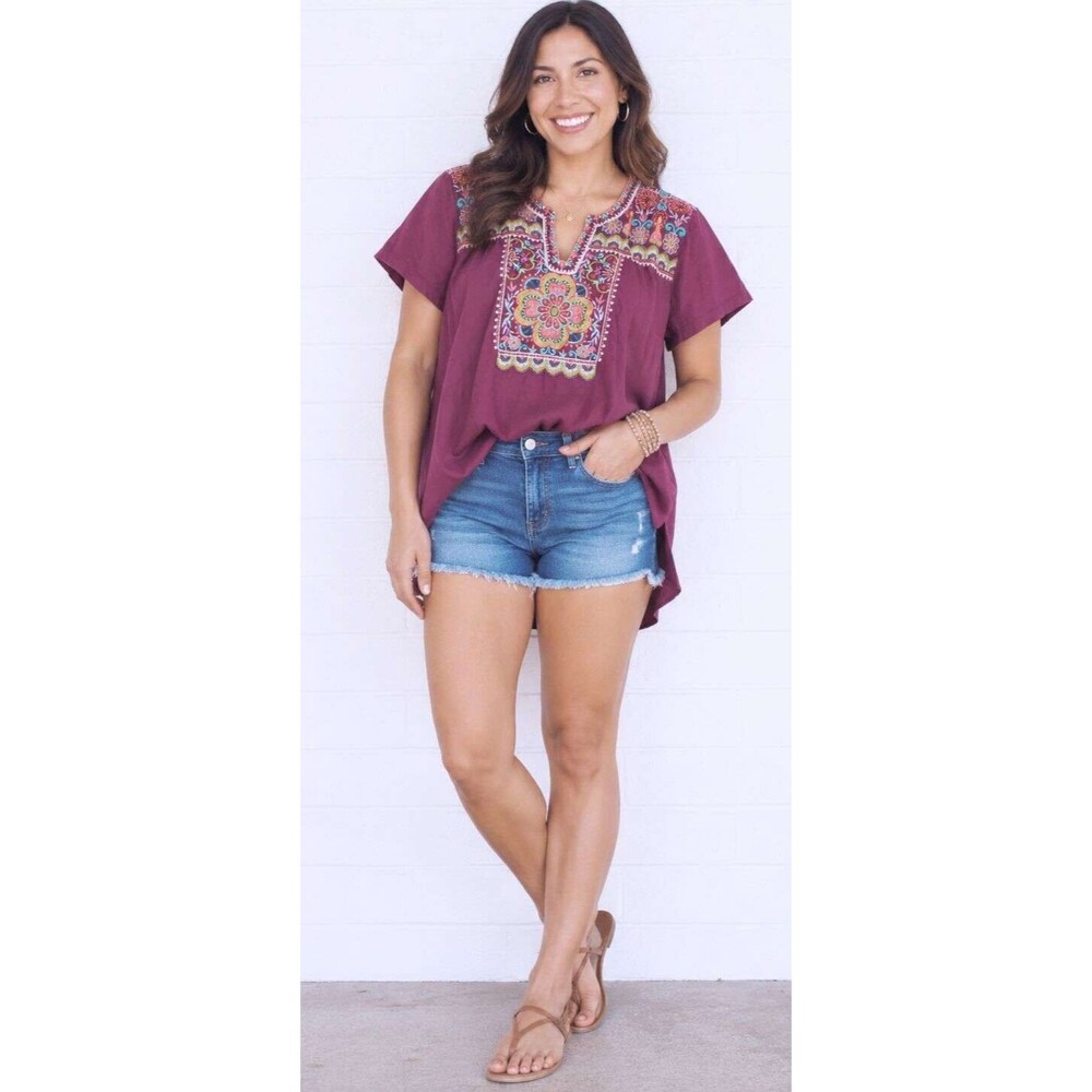 Johnny Was Los Angeles Large Dusty Berry Mayan Garden Embroidered Knit Tunic Top